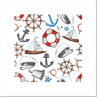 Anchor, steeringwheel, lifebuoy in a maritime design Posters and Art